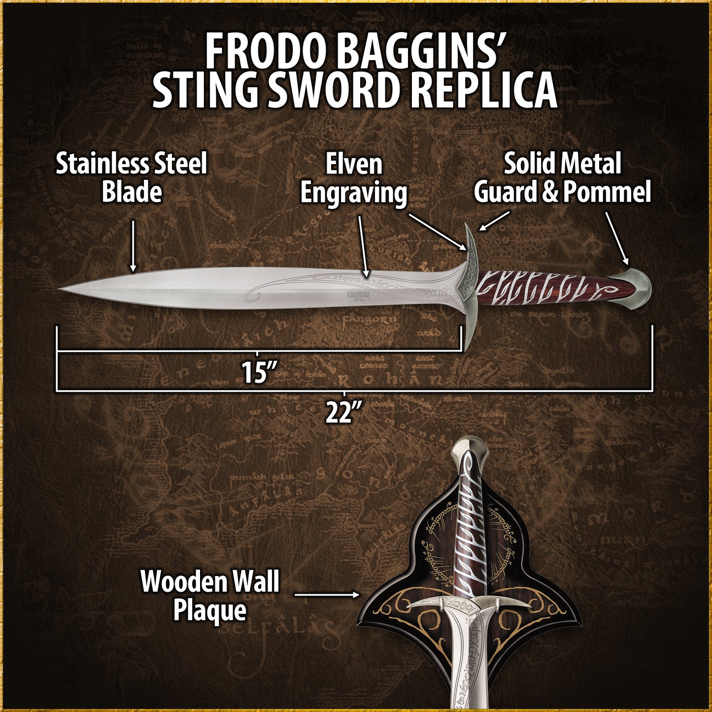 UNITED CUTLERY – LORD OF THE RINGS: STING, THE SWORD OF FRODO BAGGINS WITH WALL PLAQUE (UC1264)